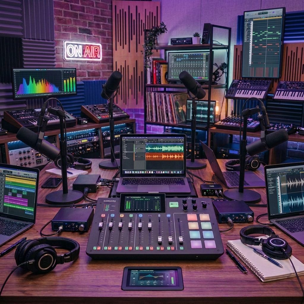 studio desk with microphones and audio equipment